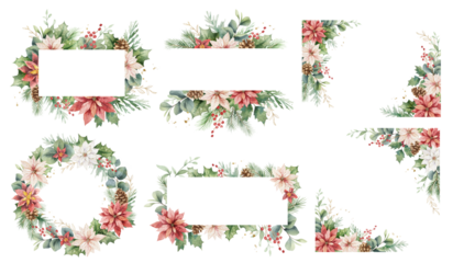 Christmas border, set of flower frames. Watercolor winter greens, poinsettia flowers, holly berries, fir branches, eucalyptus leaves. Hand drawn illustration.