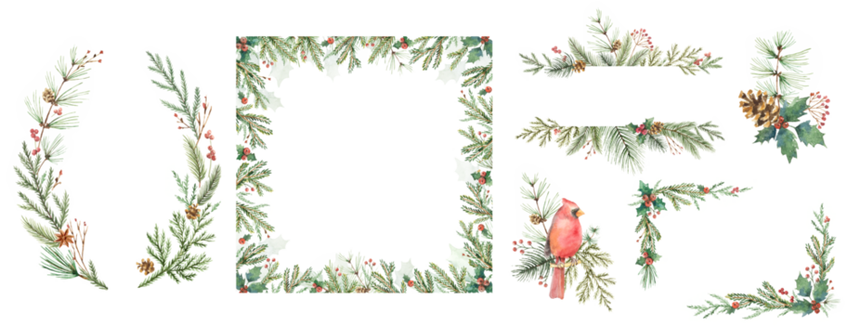 Christmas set of frames, wreaths, bouquets. Watercolor winter greenery, Cardinal bird, holly berries, fir branches. A template for a festive greeting card, invitations, decorations, fashion. 