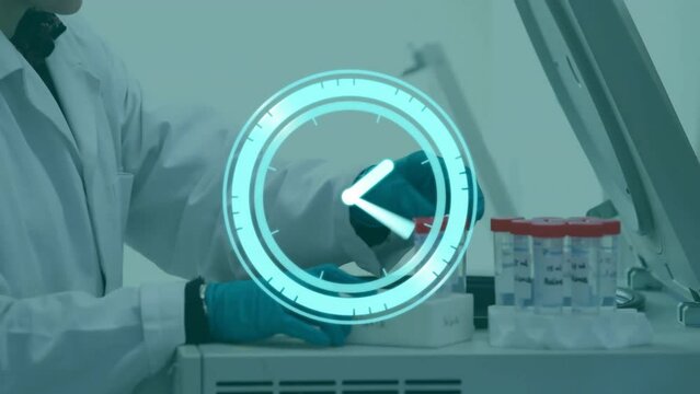 Animation of moving clock over caucasian female scientist in lab