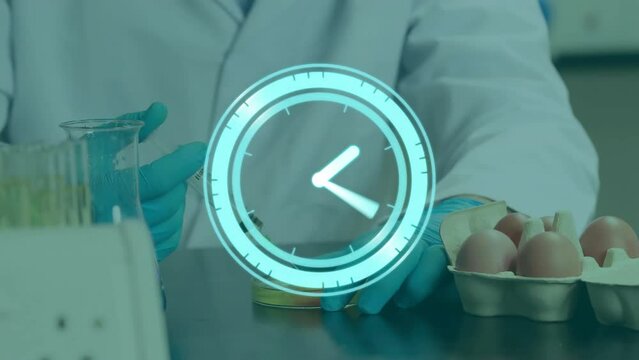 Animation of moving clock over caucasian male scientist in lab