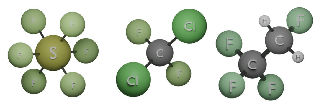 Greenhouse gases molecules set:
Dichlorodifluoromethane (CCl2F2), Tetrafluoromethane(C2H2F4) and Sulphur Hexafluoride(SF6)
