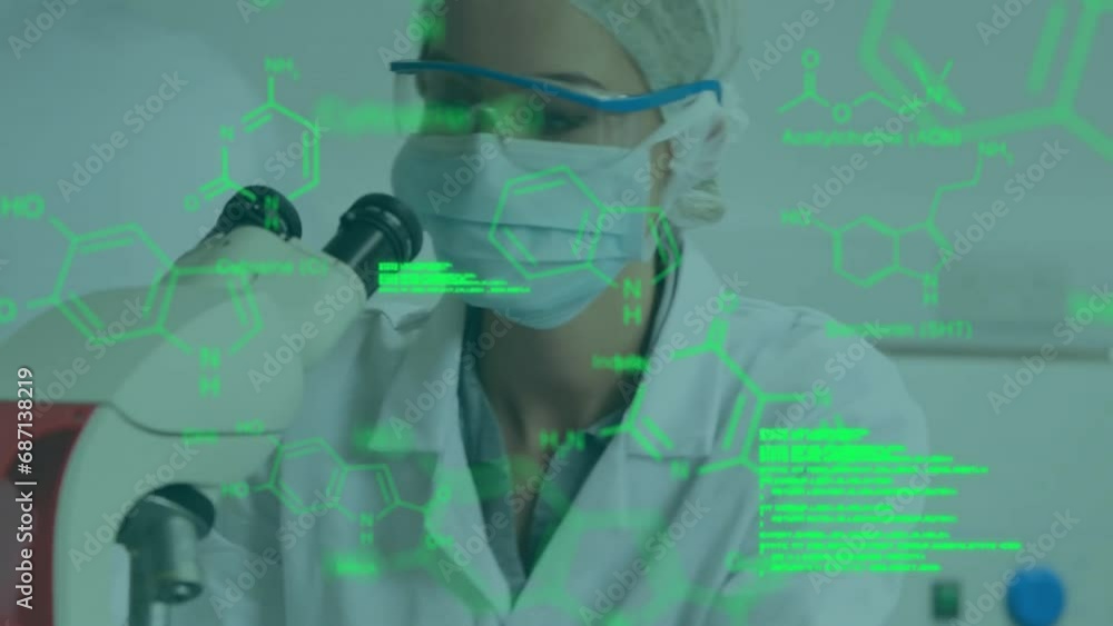 Poster animation of data processing with chemical formula over caucasian female scientist in lab