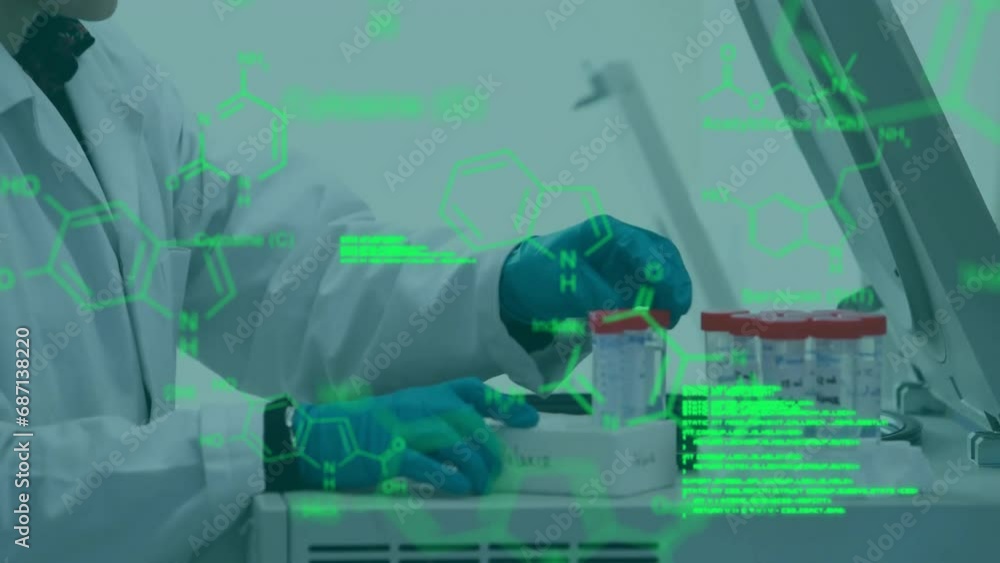 Poster animation of data processing with chemical formula over caucasian female scientist in lab