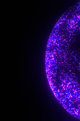 Glowing blue purple particles in shape of 3d cosmic globe ball. Abstract sci-fi sphere on black backdrop. Dark vertical futuristic background. Digital technology, 5G, connection, Satellite Internet