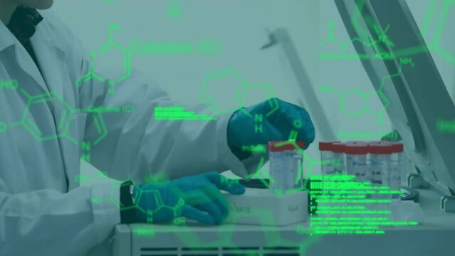 Animation of data processing with chemical formula over caucasian female scientist in lab