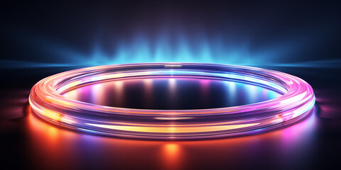 Abstraktes rundes kreisf&ouml;rmiges Element in leuchtenden Farben als Hintergrundmotiv f&uuml;r Webdesign im Querformat f&uuml;r Banner, ai generativ