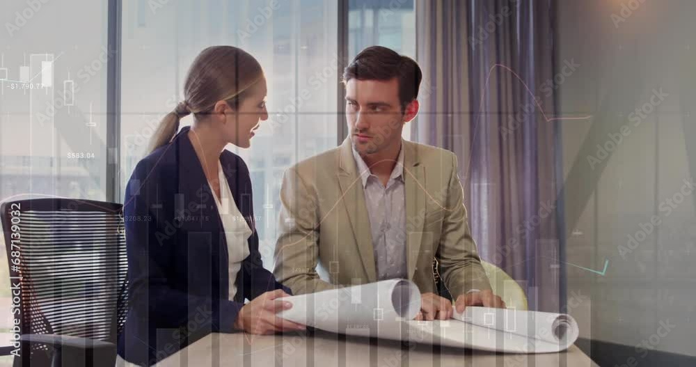 Poster animation of financial data processing over diverse colleagues in office