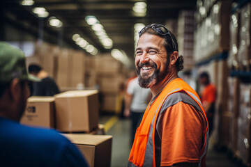 warehouse worker working in a warehouse with the smiley face 