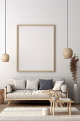 Mock up for a vertical frame, minimalist living room interior with a blank frame, gray sofa, indoor plant