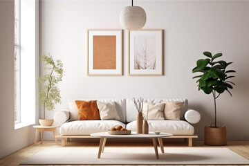 Mock up for two vertical frames, minimalist living room interior with a blank frame, gray sofa, indoor plant