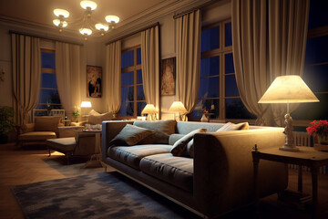 Fototapeta premium Cozy living room at night with warm lighting, comfortable sofa