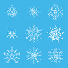 Fototapeta na wymiar Nine species of white snowflakes on a blue background. Illustration of white snowflakes nine different pieces. Winter symbol white snowflake in several variations