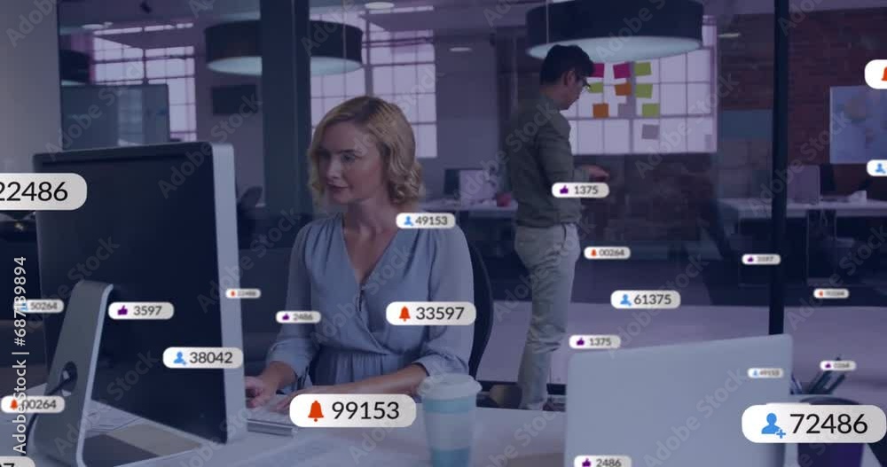 Poster animation of data processing over caucasian businesswoman using computer in office