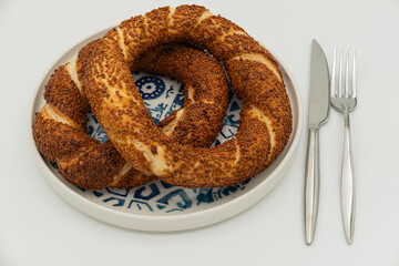 Traditional Turkish bakery bagel shot on a white background
