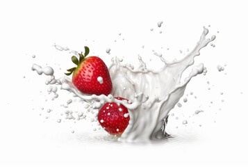 splash of milk or yogurt with strawberries isolated on white background. generative ai - obrazy, fototapety, plakaty