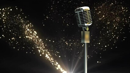 Animation of retro microphone with shooting star on black background - Powered by Adobe