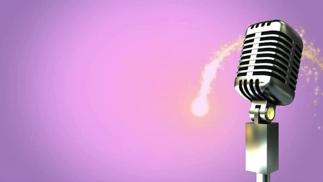 Animation of retro microphone with shooting star on purple background