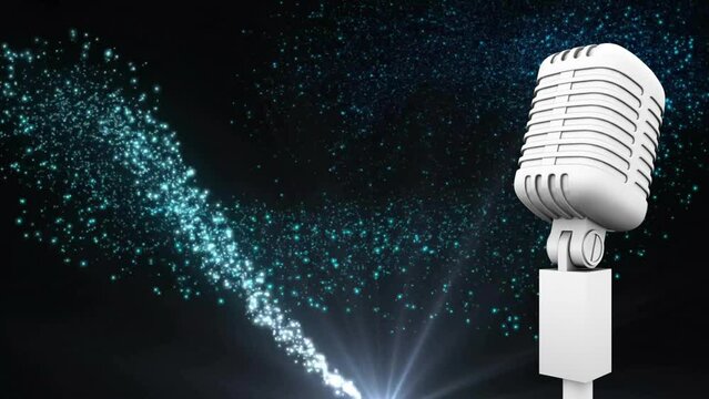 Animation of retro microphone with shooting star on black background
