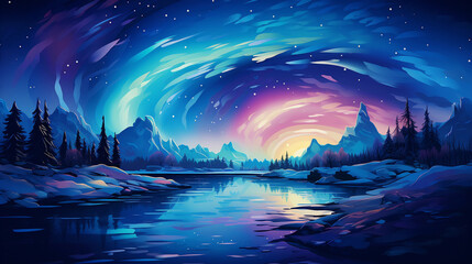 landscape with polar lights. watercolor illustration - obrazy, fototapety, plakaty