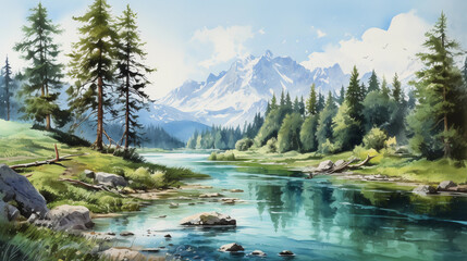 Fototapeta na wymiar lake in the mountains. watercolor illustration