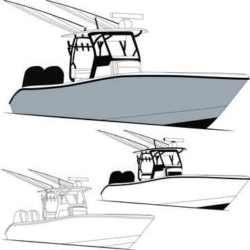 Vector, line art, and color image of a fishing boat on a white background