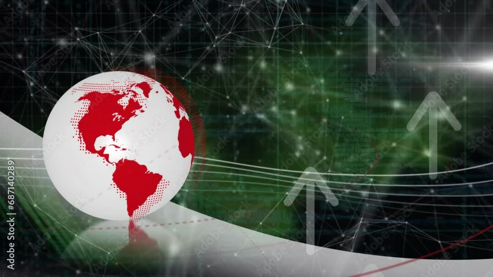 Poster animation of globe with connections and arrows on black background