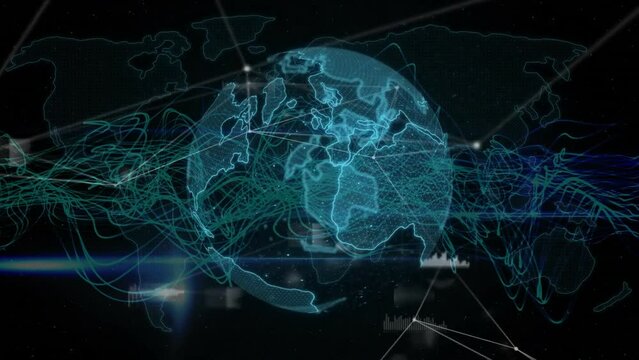 Animation of globe with connections and data processing on black background