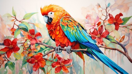 a tropical parrot, its vivid plumage depicted in vibrant hues on a white background, capturing the exotic charm of these magnificent birds.