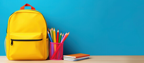 School Backpack and Colorful Stationery on Desk