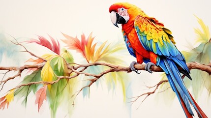 a tropical parrot, its vivid plumage depicted in vibrant hues on a white background, capturing the exotic charm of these magnificent birds.