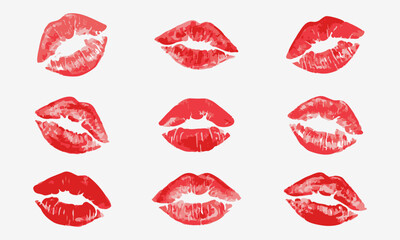Set imprint kiss lips on isolated background. Realistisch vector kiss in red color. Human lips. Vector EPS 10 - obrazy, fototapety, plakaty
