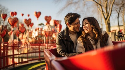 A joyful couple seated in an amusement park ride, surrounded by heart-shaped decorations, celebrating Valentine's Day.