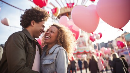 Obraz premium A joyful couple shares laughter surrounded by pink and red balloons at a Valentine's Day festival.