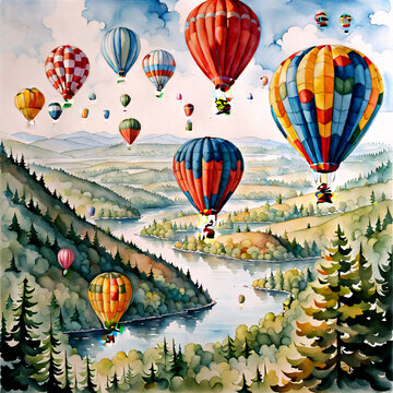A photo painted in watercolor, air balloons flying over a valley with a river and hills