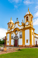 Facade of a historic baroque church in the city of Tiradentes in Minas Gerais