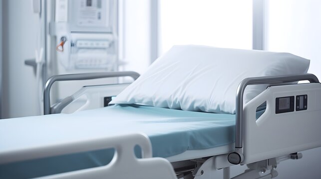 Close-up portrait of a Hospital Bed against white background with space for text, background image, AI generated