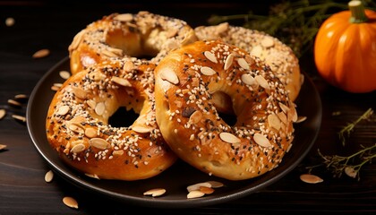 Close up of fresh bagels with cream cheese, Pumpkin bagels with sesame seeds on a wooden background