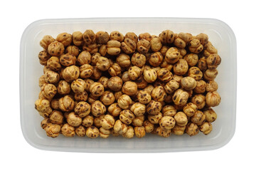 small plastic container containing roasted chickpeas, isolated on white
