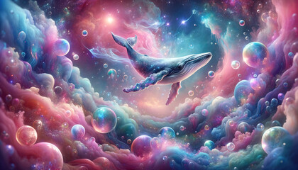Whales swim in the air amid colorful dust. - obrazy, fototapety, plakaty