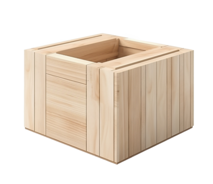 Empty wooden box on a light transparent background. PNG file. Generative artificial intelligence