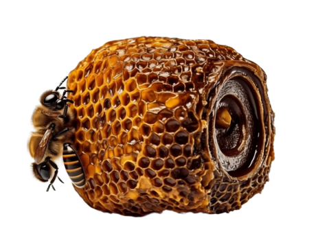Bee on a honeycomb on a light transparent background. PNG file. Generative artificial intelligence