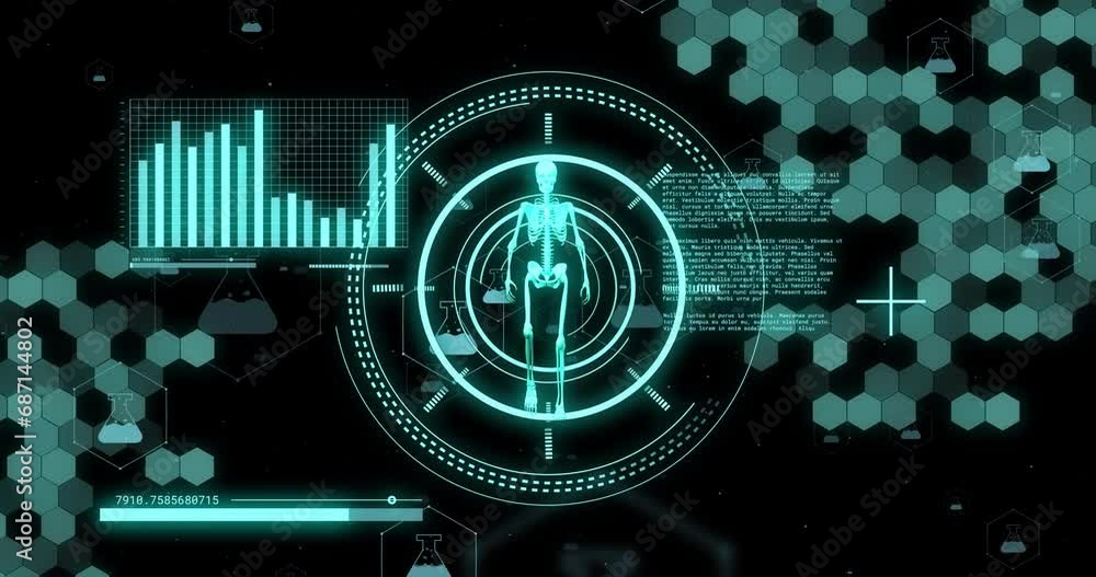 Poster animation of scope scannig and data processing with human skeleton model on black background