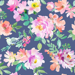 Fototapeta na wymiar 水彩で描いたピンクと紫のペオニーと草花のシームレスパターン