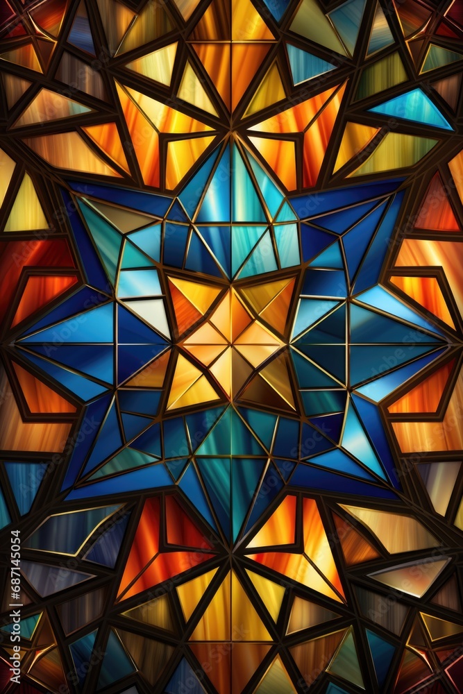 Poster A detailed view of a stained glass window. This image can be used for architectural designs, religious themes, or to add a touch of color to any project.