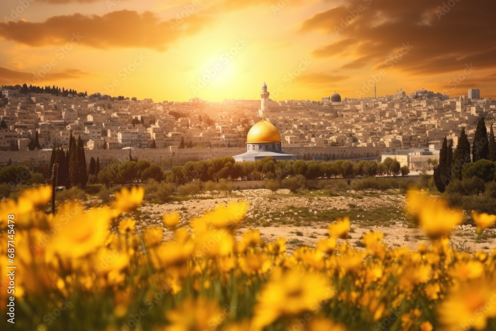 Poster a view of the iconic dome of the rock situated in the middle of the city. this image can be used to 