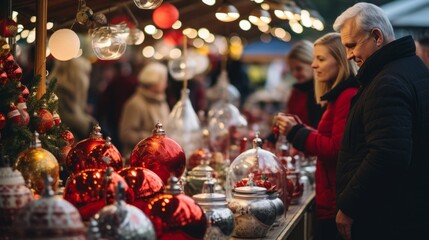 People Shopping in Christmas market stall selling a variety of holiday ornaments and decorations.