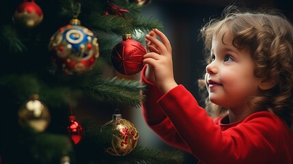Naklejka premium a child in a red top, joyfully hanging a red ornament on a festively decorated Christmas tree.