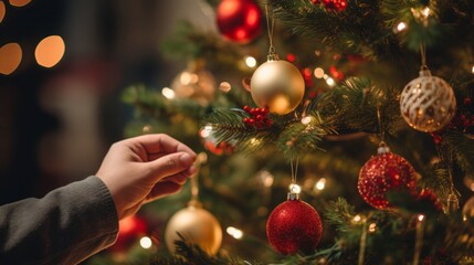 a person’s hand decorating a Christmas tree with red and gold ornaments, creating a festive and warm atmosphere.