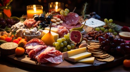 a charcuterie board filled with a variety of meats, cheeses, fruits, and nuts, beautifully arranged on a wooden platter.