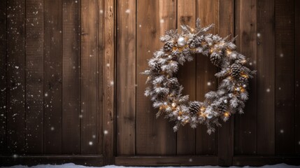 a Christmas wreath hanging on a wooden door, with snow falling around it, creating a cozy and festive winter scene.